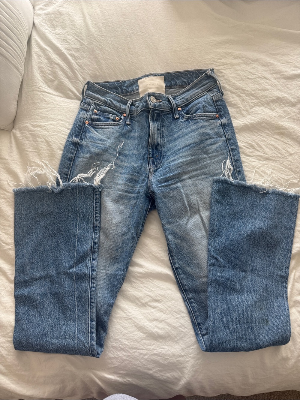 MOTHER Straight-Leg Distressed Blue Jeans